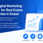 Digital marketing for real estate companies in Dubai showing city skyline and marketing icons