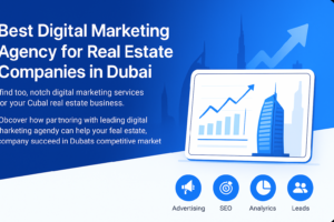 Digital marketing for real estate companies in Dubai showing city skyline and marketing icons