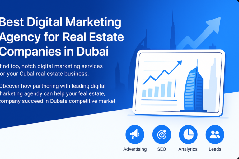 Digital marketing for real estate companies in Dubai showing city skyline and marketing icons