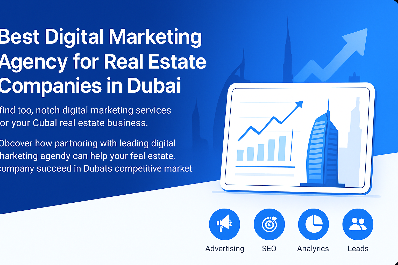 Digital marketing for real estate companies in Dubai showing city skyline and marketing icons