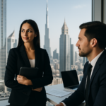 Real estate agents discussing lead generation strategies in Dubai office