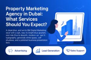 Property marketing services offered by a Dubai agency showcasing modern buildings and digital marketing tools