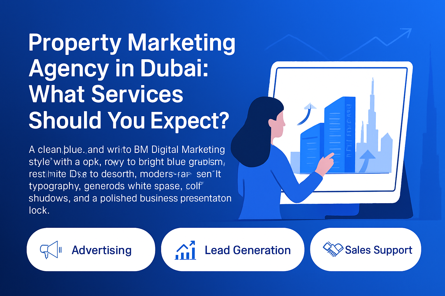 Property marketing services offered by a Dubai agency showcasing modern buildings and digital marketing tools