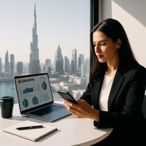 Business owner reviewing social media management strategy for Dubai market