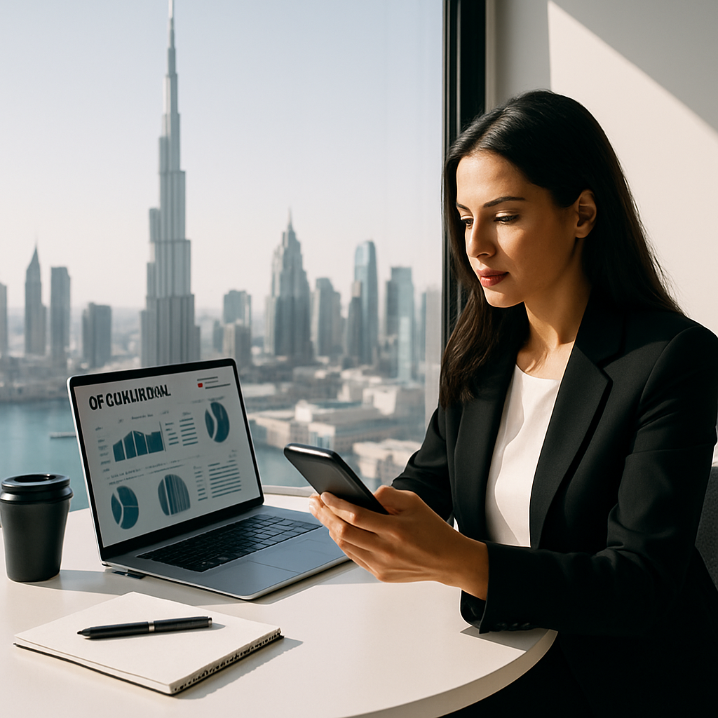 Business owner reviewing social media management strategy for Dubai market