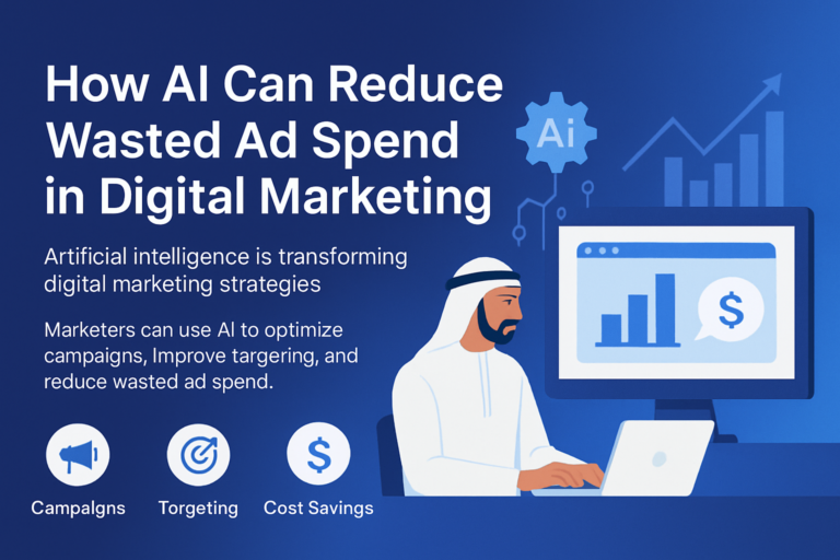 Digital marketing dashboard showing AI optimizing ad spend for Dubai businesses