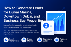 Dubai Marina and Downtown Dubai high-rise properties at sunset with lead generation concept
