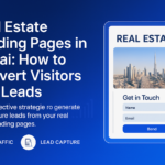 Real estate landing page design on a laptop screen with Dubai skyline in the background