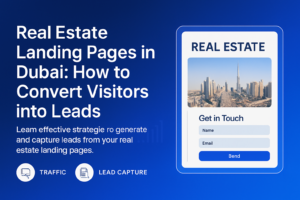 Real estate landing page design on a laptop screen with Dubai skyline in the background