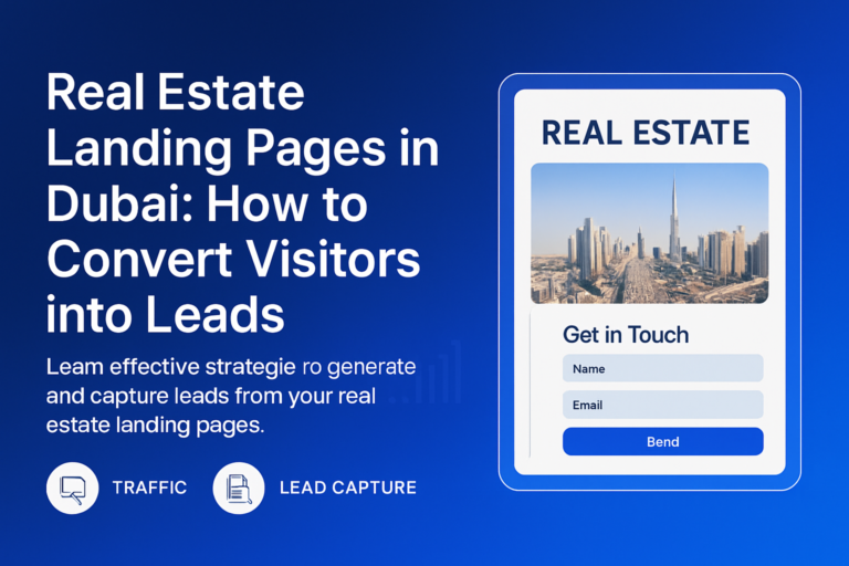 Real estate landing page design on a laptop screen with Dubai skyline in the background